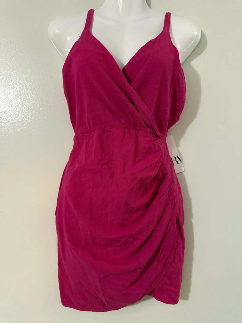 Zara Fuchsia Pink Ruched Wrap Mini Dress Linen Blend Strappy V Neck NWT Medium - Picture 2 of 16
